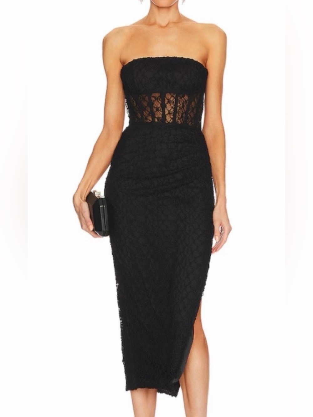 NICHOLAS Raina Strapless Corset
Lace Midi Dress Black